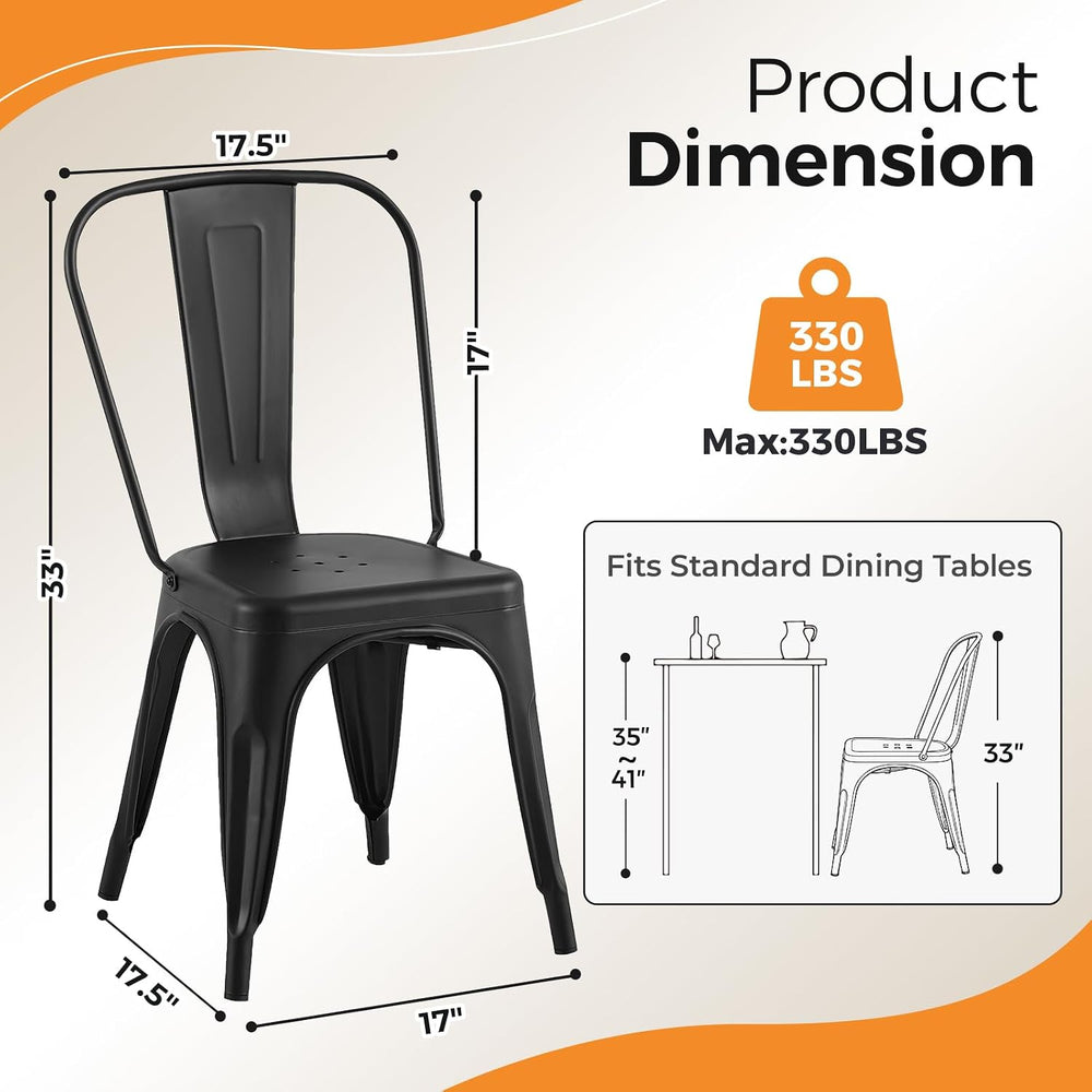 Metal Dining Chairs with Backrest, Stackable, Matte Black, 6 Pack