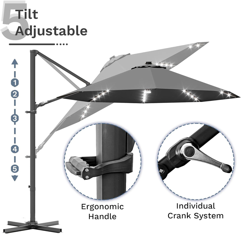 Devoko 10ft Solar LED Patio Umbrella, Round Cantilever Outdoor Umbrella with ...