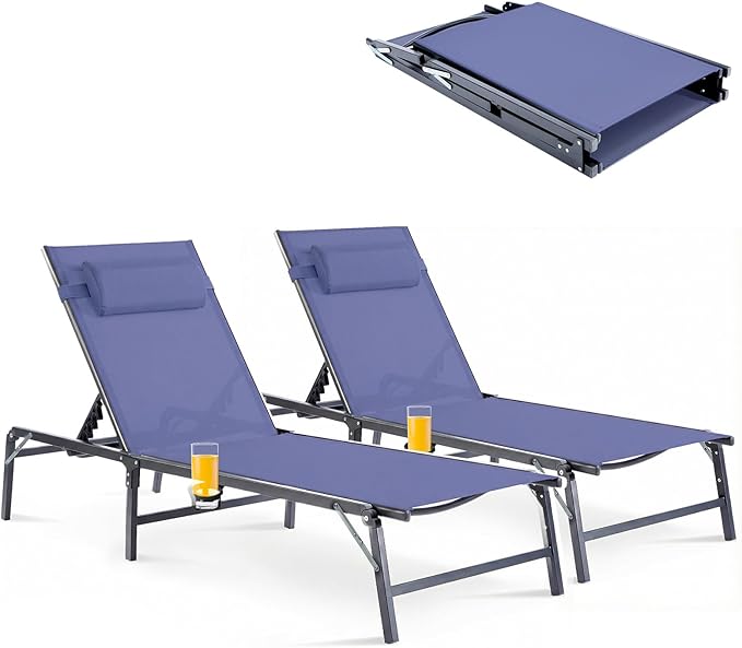 2 Pack Foldable Chaise Lounge Chair with Cup Holder, Assemble-Free Outdoor Lo...