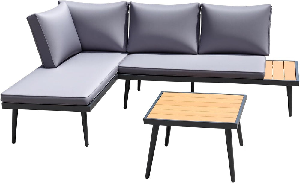 Devoko L-Shaped Small Sectional Outdoor Coach wtih Acacia Wood,Gray