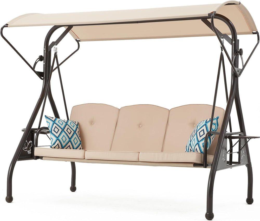 ZZW 800LBS Patio Swing with Canopy 3 Seat Outdoor Porch Swing with Stand w/Cu...
