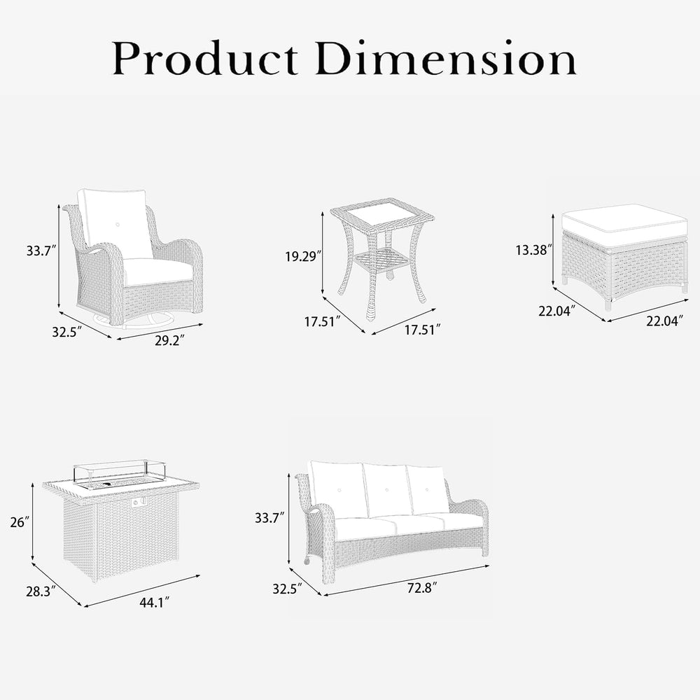 LayinSun 7 Pieces Outdoor Patio Furniture Set with Fire Pit Table, Rattan Wic...