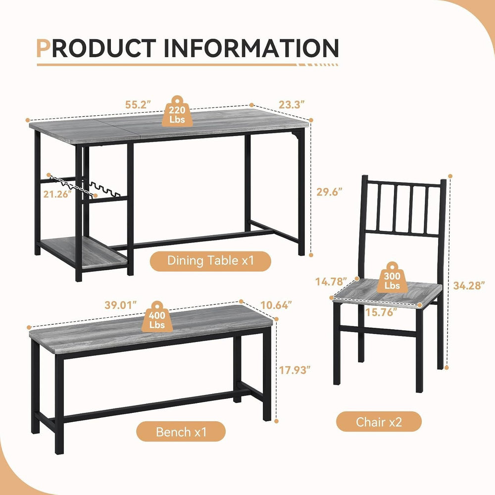 4 EVER WINNER 55-Inch Dining Table Set for 4 with Bench, Wine Rack, Grey