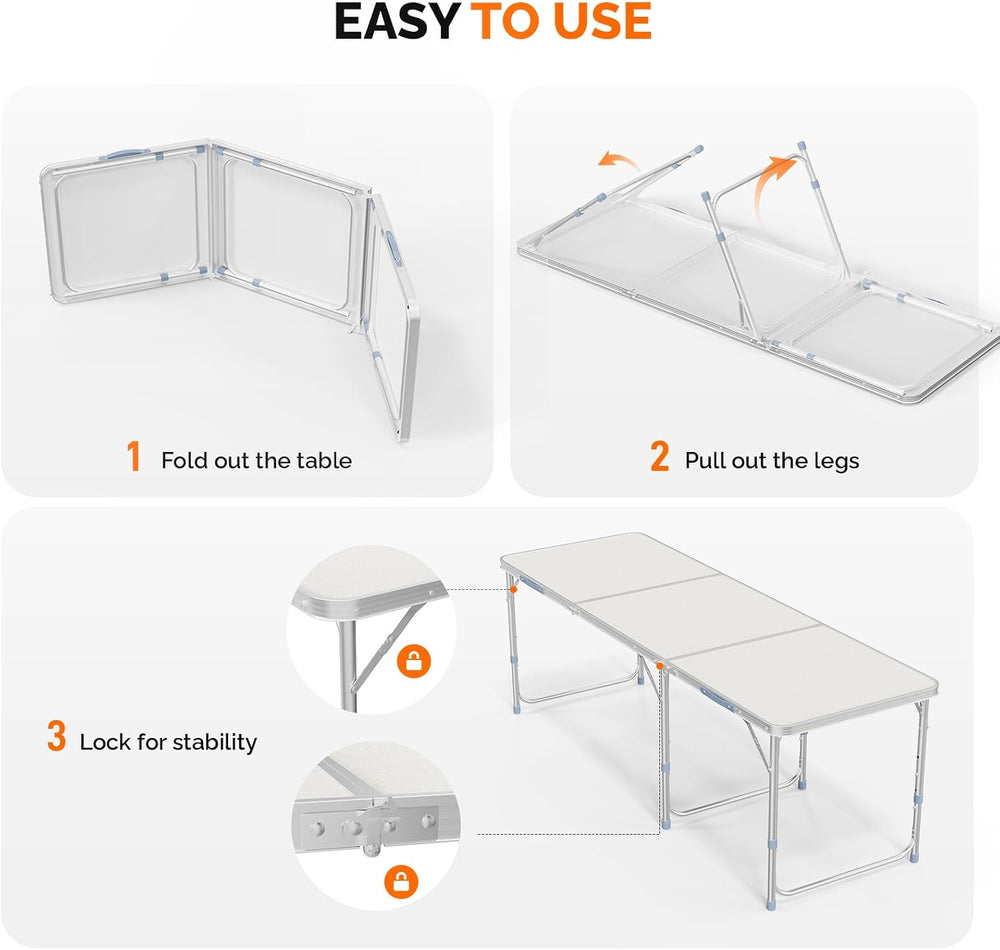 VINGLI 6ft Folding Camping Table with Carry Handle,Portable Utility Table Mul...