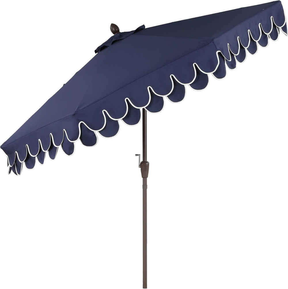 JONATHAN Y Tracy 9' Scalloped Market Patio Umbrella, Navy/Dark Brown