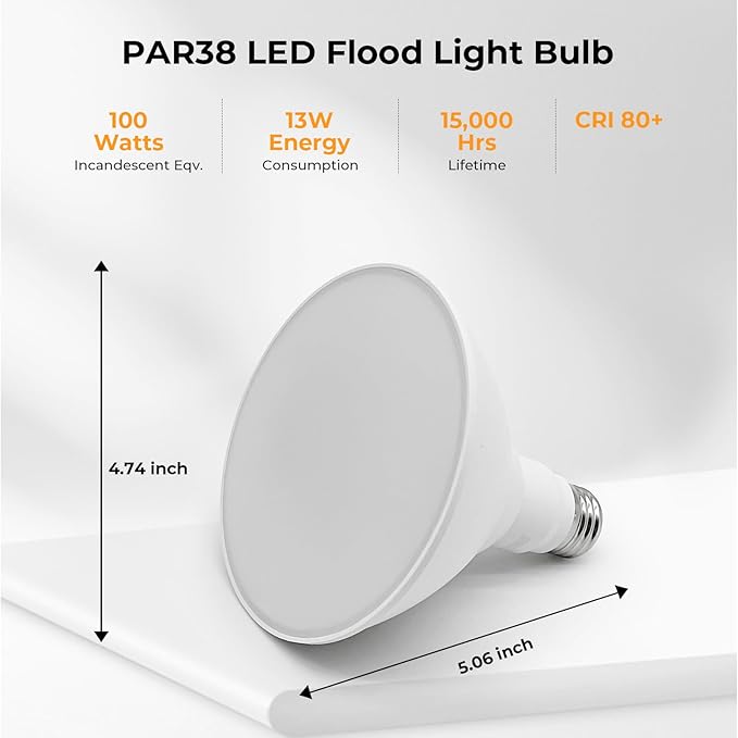 10 Pack PAR38 LED Outdoor Flood Light Bulbs, 100W Equivalent, 3000K Warm Whit...