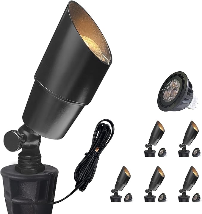 COLOER Brass Low Voltage Landscape Spotlight(Black) 6-Pack with 5W Aluminum H...