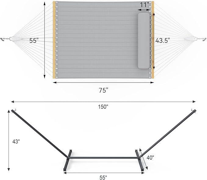 2 Person Outdoor Hammock with Stand, Cotton Rope Hammock with Polyester Pad, ...