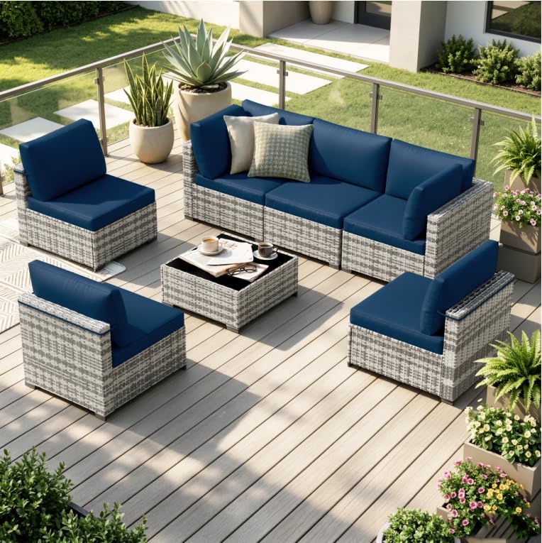 KIGOTY Patio Furniture Set,7 Pieces Modular Outdoor Sectional Sofa, PE Rattan...