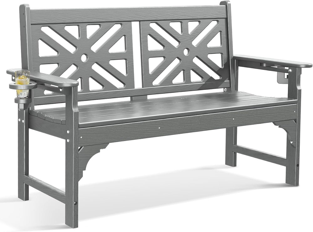 nalone Outdoor Bench with Cup Holders, HDPE Porch Bench Fade Proof (Grey)
