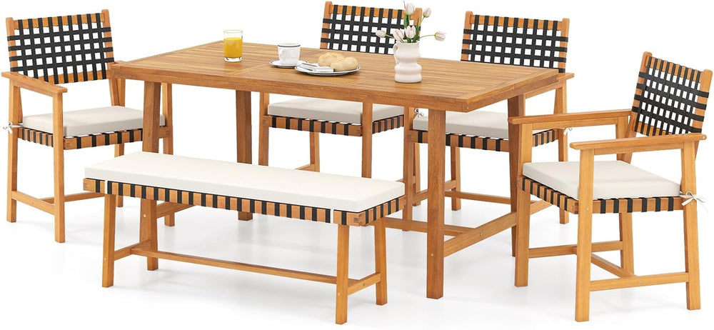 Tangkula 6 Piece Patio Dining Set for 5-6 People, 63” Outdoor Acacia Wood Tab...