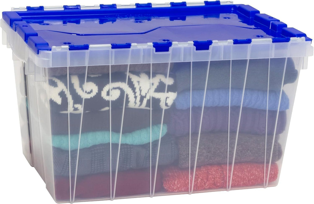 Akro-Mils KeepBox 12 Gallon Stackable Attached-Lid Storage Bin, Clear/Blue