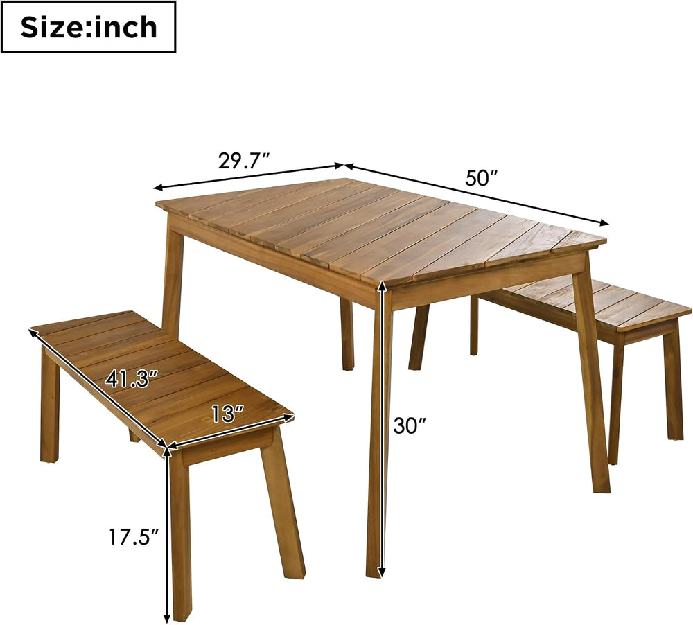 3 Pieces Patio Dining Set, Outdoor Acacia Wood Table and 2 Benches, Outdoor D...