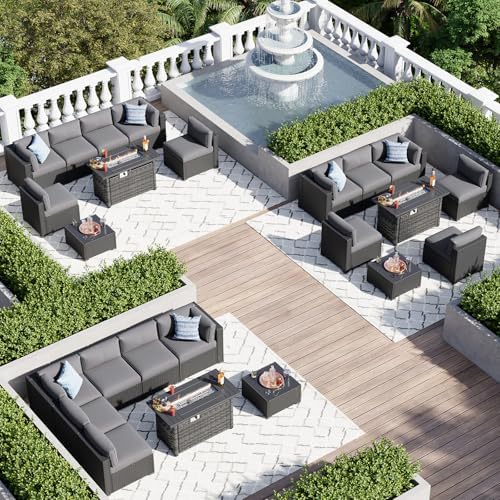Aoxun 8 Piece Patio Furniture Set with 44" Fire Pit Table Wicker Rattan ...