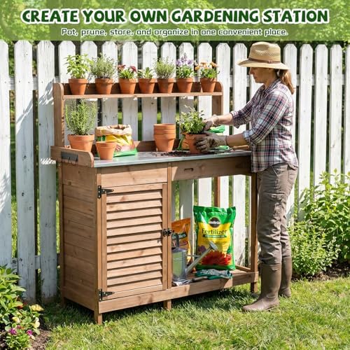 Ketive Outdoor Potting Bench with Storage, 41-Inch Metal Tabletop