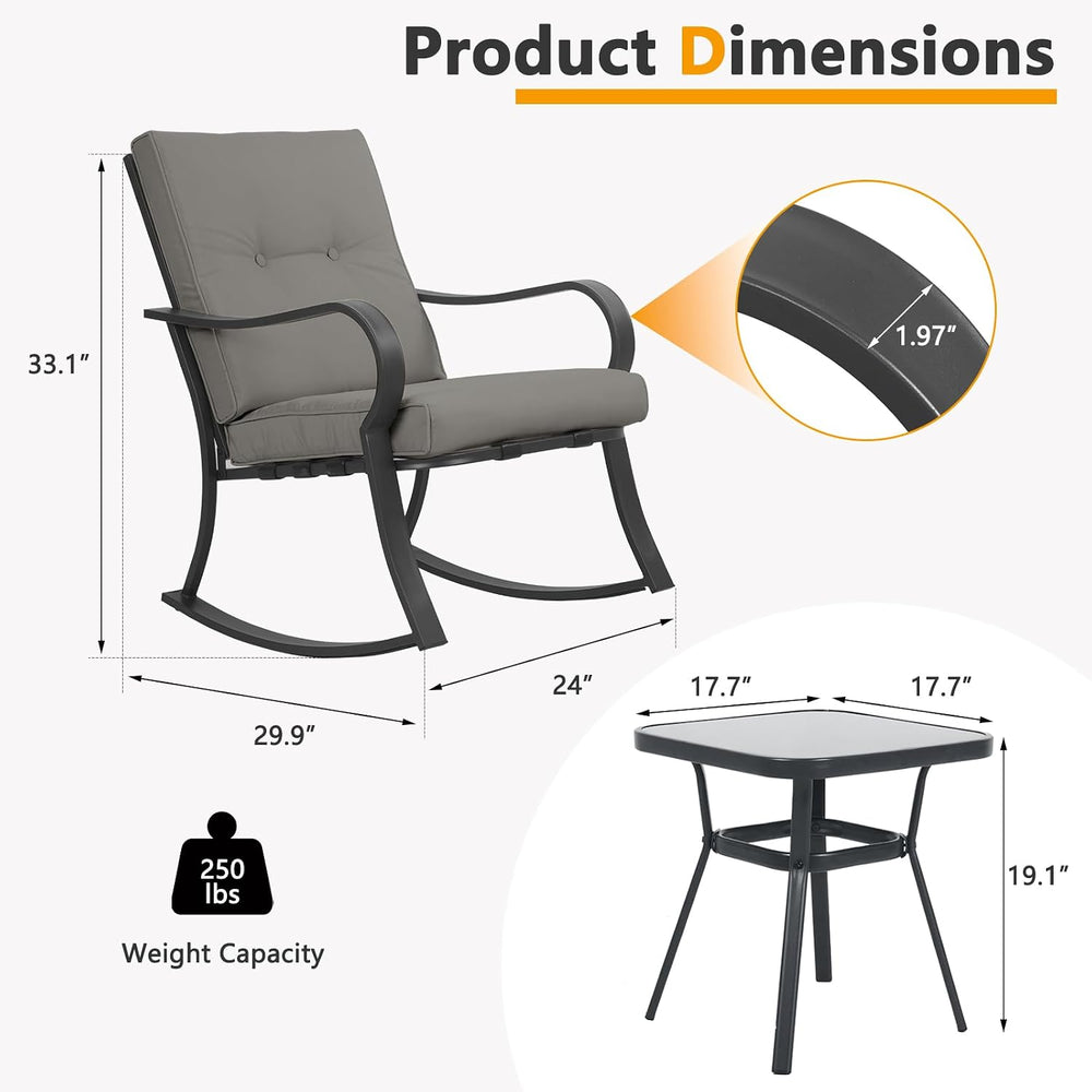 3 PCS Outdoor Rocking Chair Set for Patio, Outdoor Rocking Chair with Cushion...