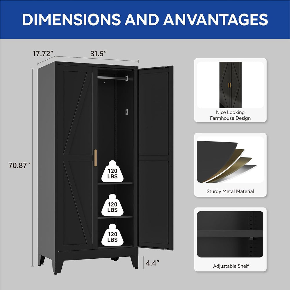 COFaR Metal Wardrobe Closet with Doors, Black Farmhouse Bedroom Armoires with...