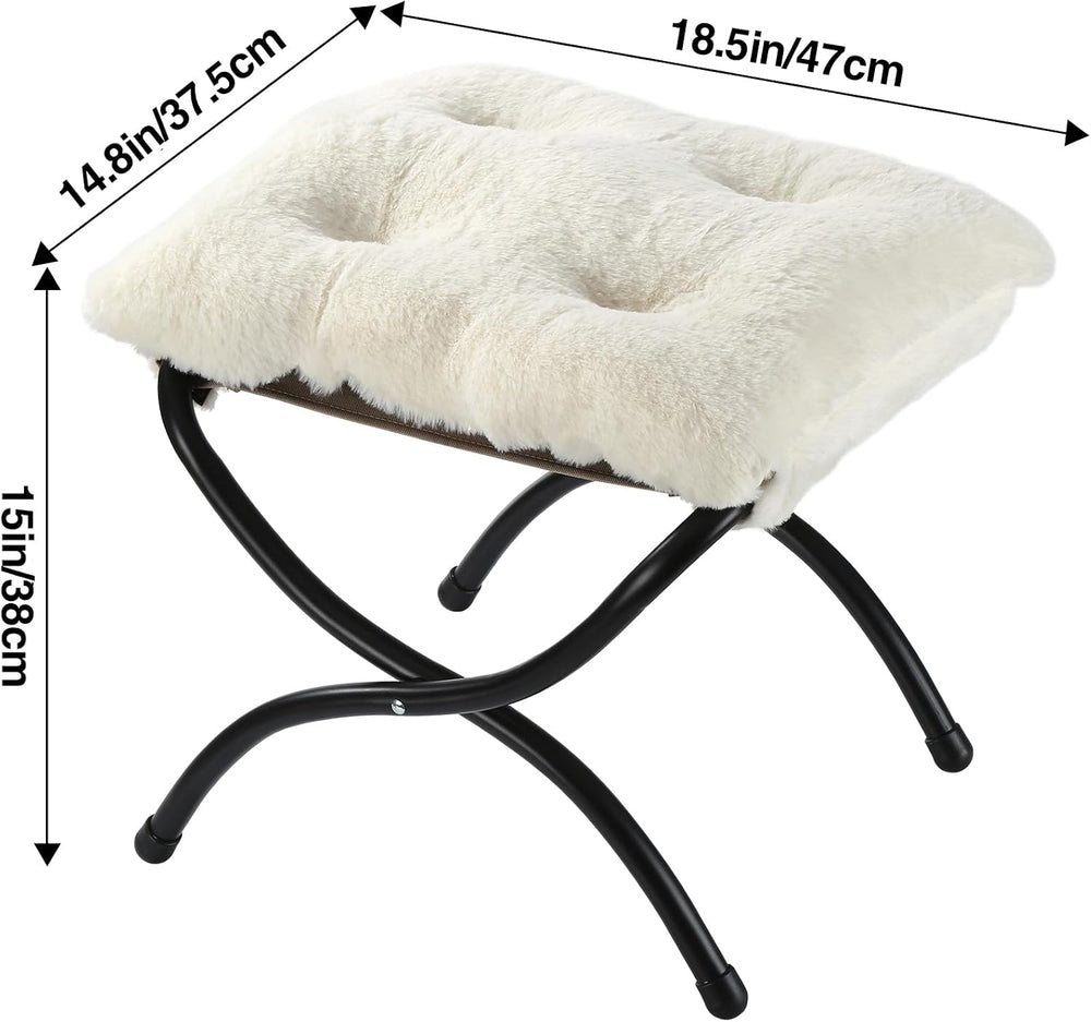 15" Faux Fur Upholstered Folding Foot Rest Stool with Metal Frame Beige