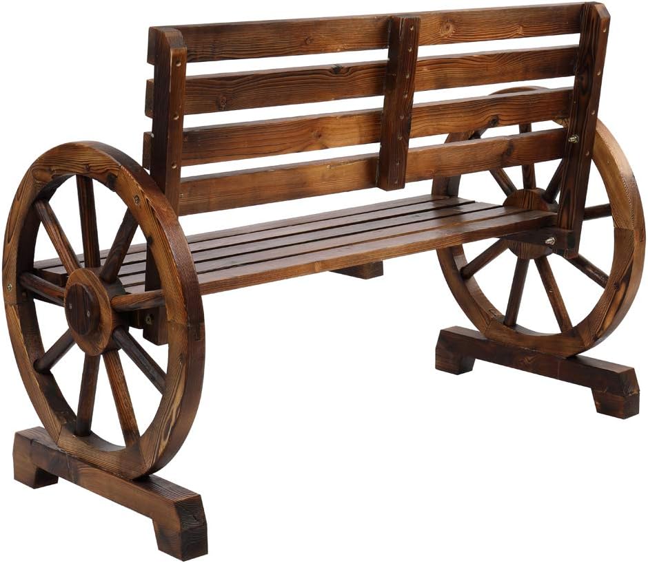 Wooden Wagon Wheel Bench,Rustic 2-Person Wooden Seat Wagon Wheel Bench with S...