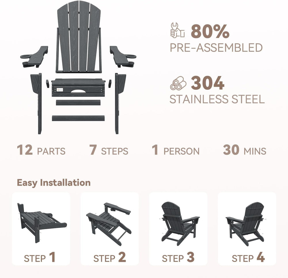 Mdeam HDPE Folding Adirondack Chairs Set of 2, 400 lbs 2 Cup Holders, Grey