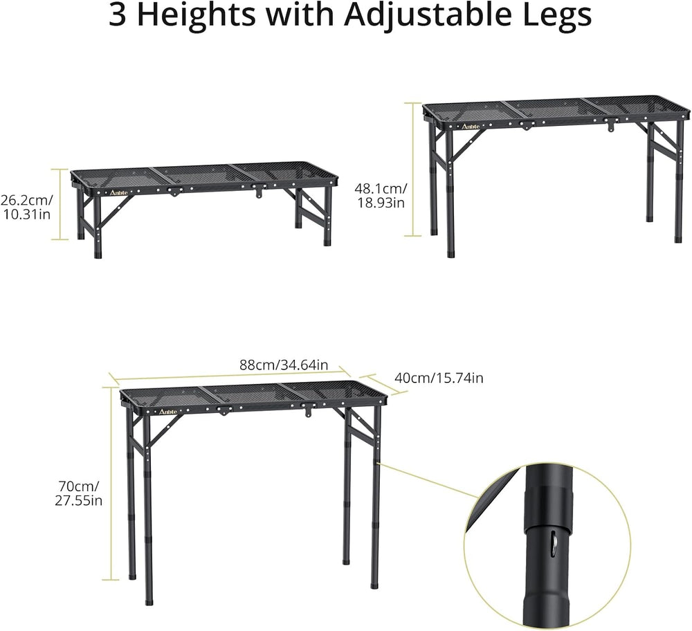 Anbte 3 ft Folding Grill Table, Aluminum Camping Table 3 Heights Max 27.5"