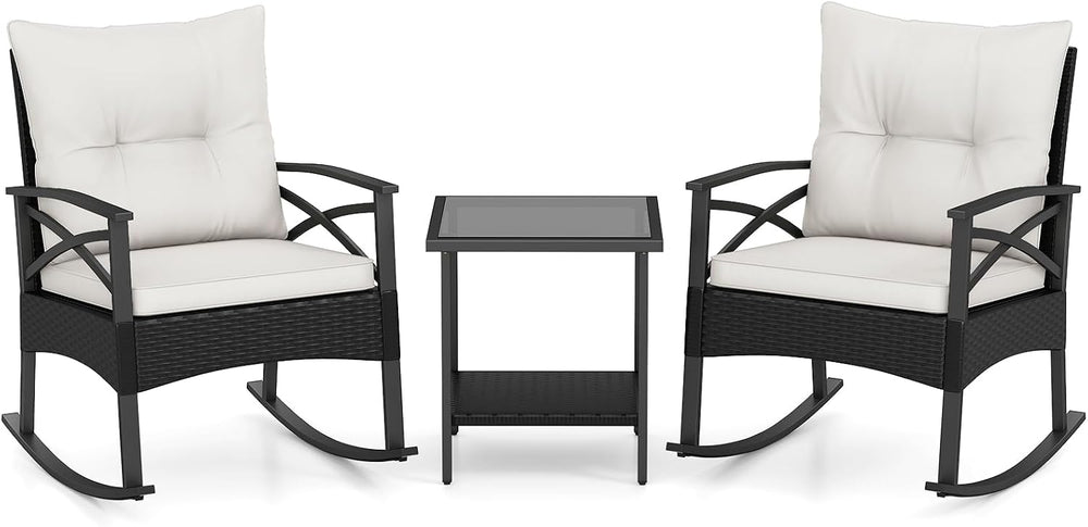 RELAX4LIFE 3-Piece Rattan Patio Rocking Chair Set, 2 Wicker Glider Rocking Ch...