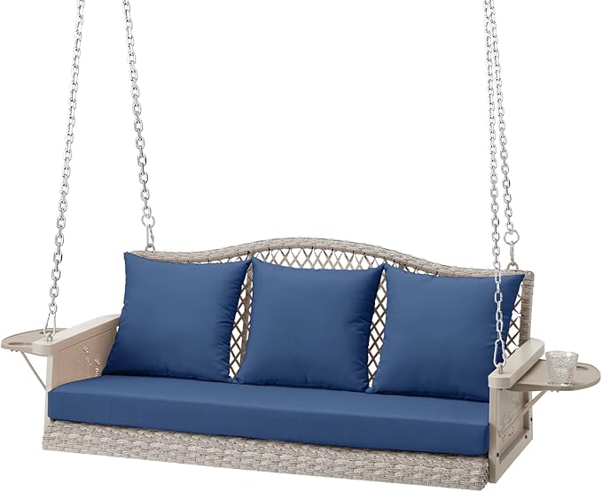 Upgraded Wicker Hanging Porch Swing Heavy Duty 900 LBS 3-Seat Outdoor Patio S...