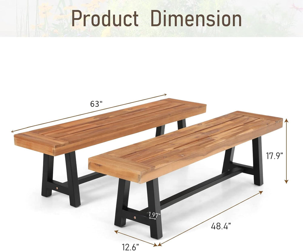 MFSTUDIO Outdoor Garden Bench 63", Acacia Wood Dining Bench, Teak, 2 Pack