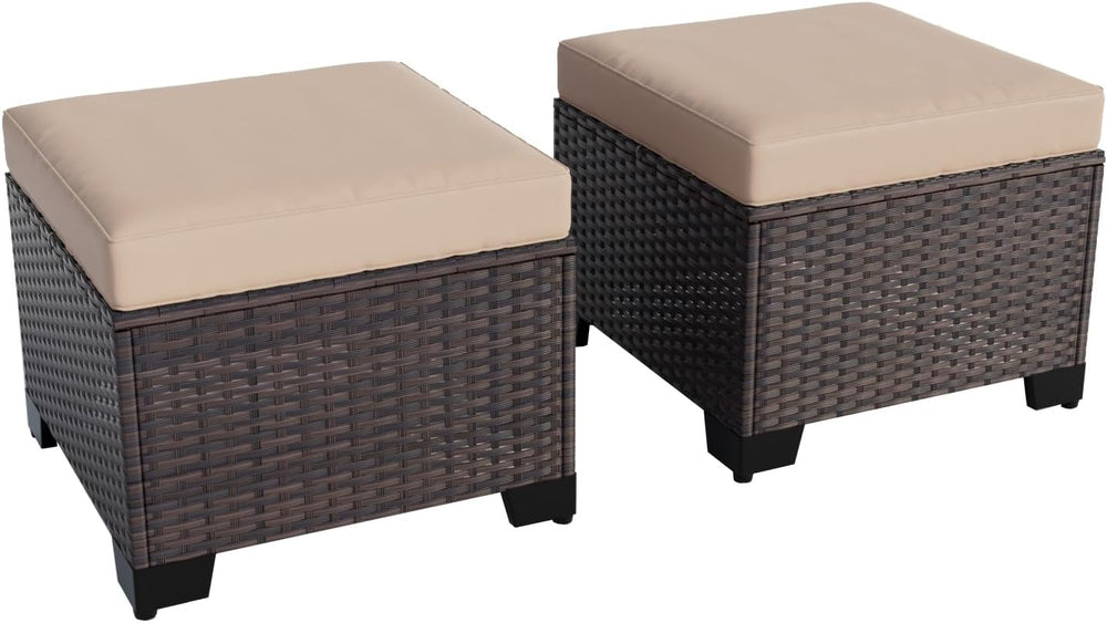 2 Pieces Wicker Ottomans, All Weather Rattan Patio Ottoman with Removable Cus...