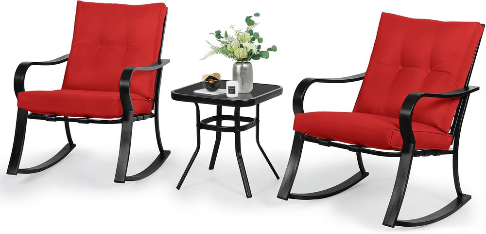 SOLAURA 3-Piece Outdoor Rocking Chairs Bistro Set, Black Iron Patio Furniture...