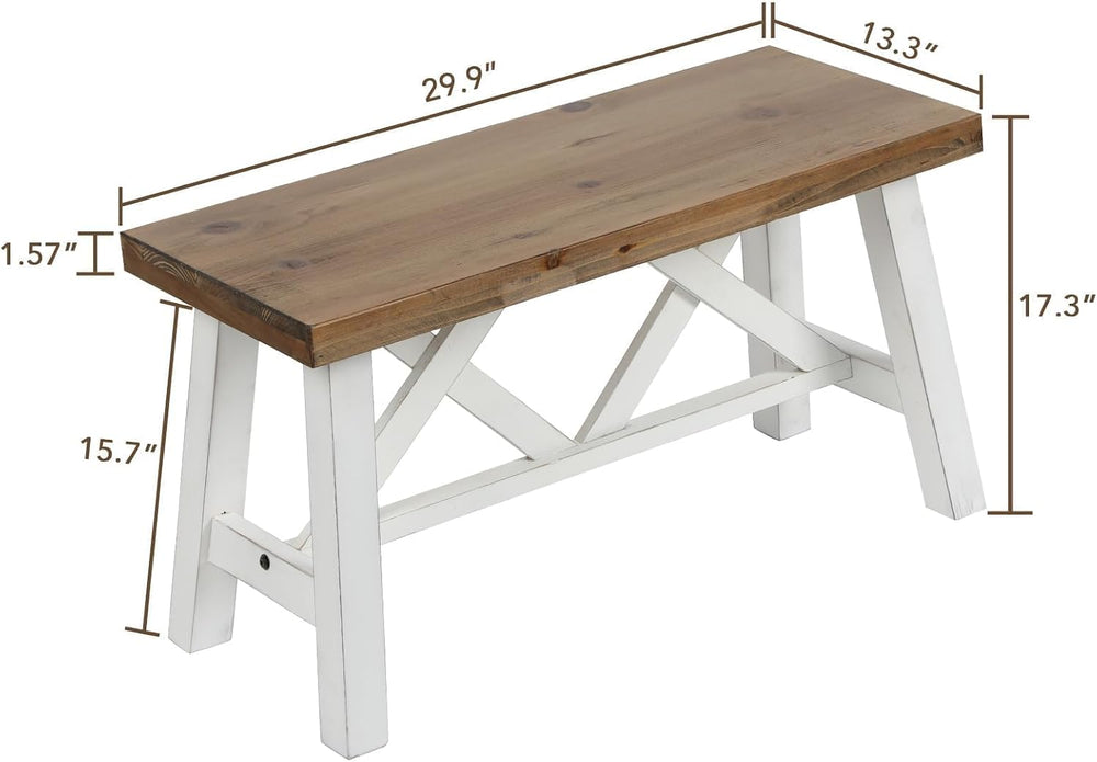 Wnutrees 30" Farmhouse Solid Wood Bench, Rustic Entryway Bench, White