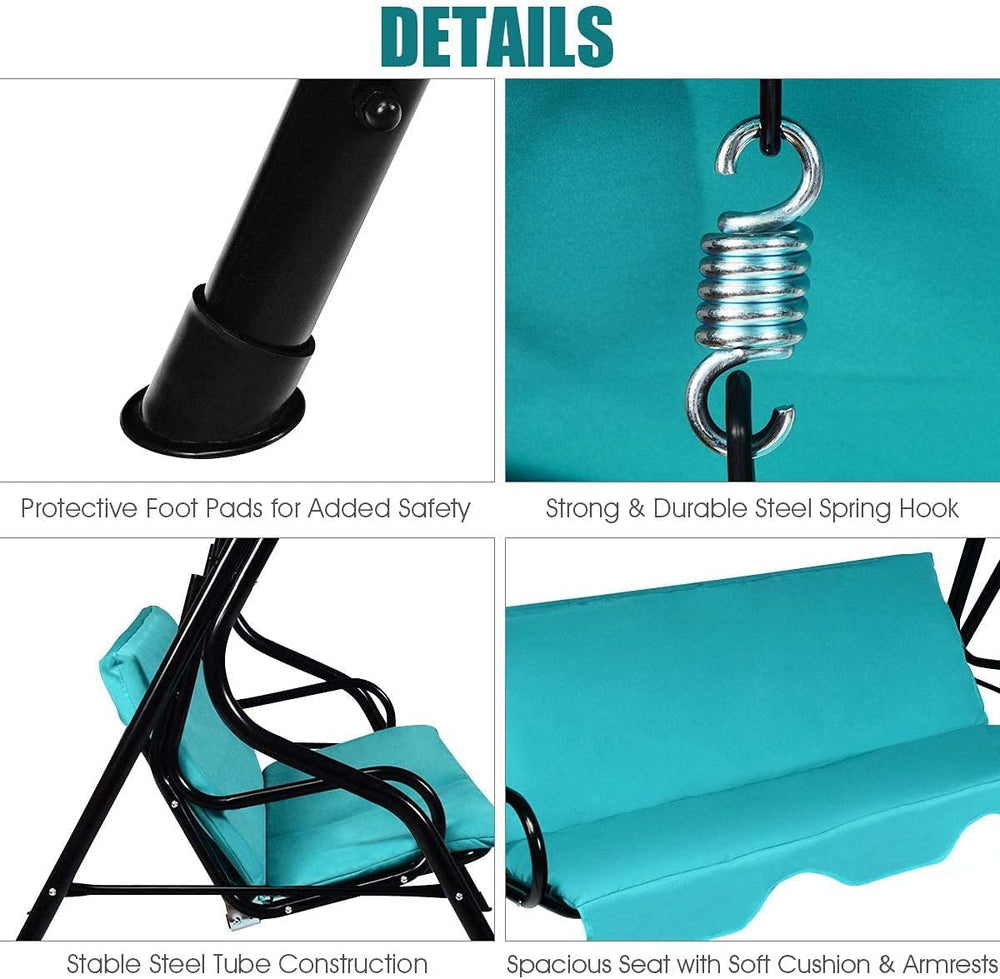 3-Seater Canopy Swing Chair, Waterproof Outdoor Swing Cushioned Seat with Adj...
