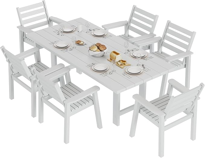AMERLIFE 7-Piece HDPE Outdoor Dining Set with Umbrella Hole, 71" L Patio...