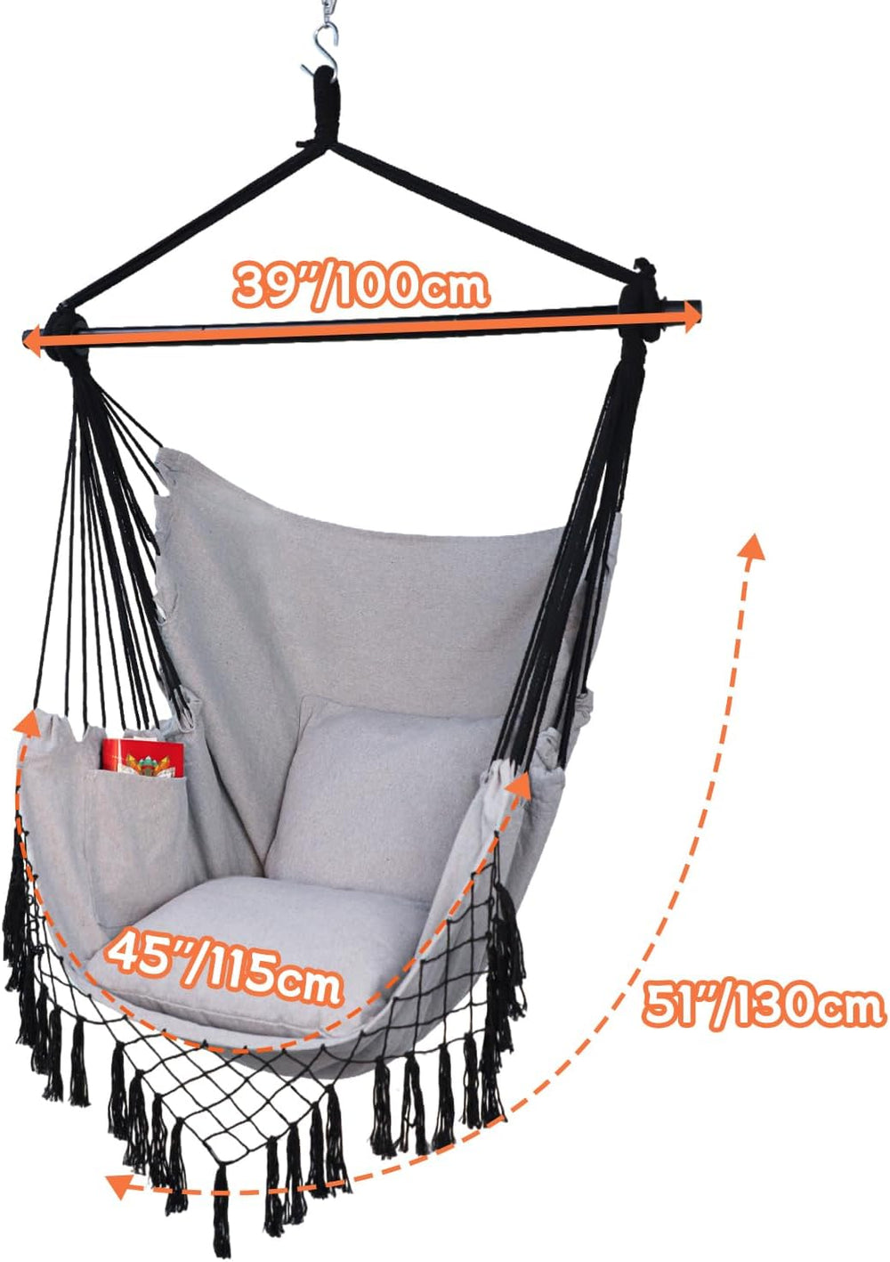 Hammock Chair Hanging Rope Swing Chair,Max 450 Lbs, Large Hanging Chair with ...