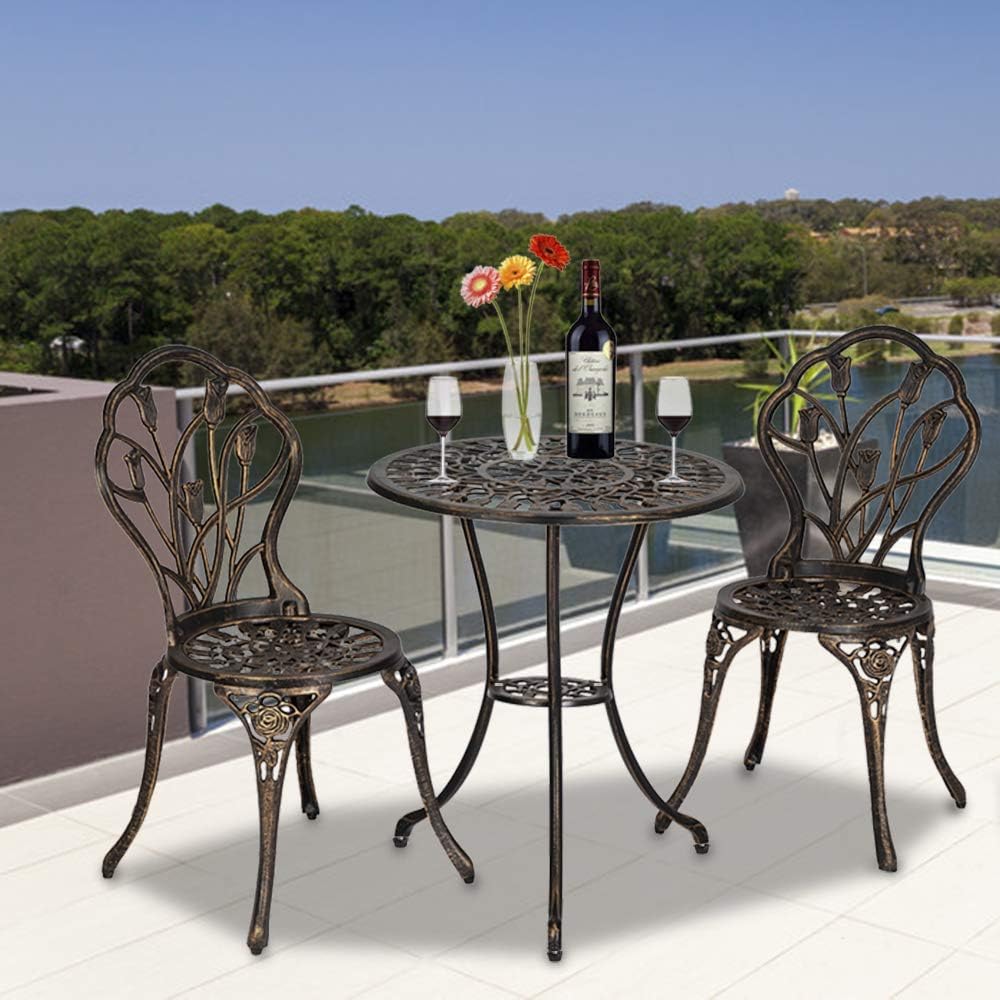 Bonnlo 3-Piece Bistro Set for 2, Cast Aluminum Garden Bistro Set with Umbrell...