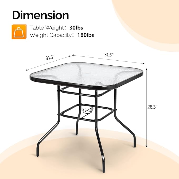 VINGLI Glass Patio Table with Umbrella Hole, 32" Square Outdoor Dining T...