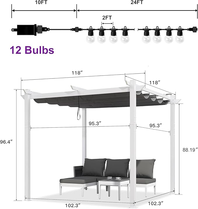 PURPLE LEAF 10' x 13' Outdoor Retractable Pergola with Light Aluminum...