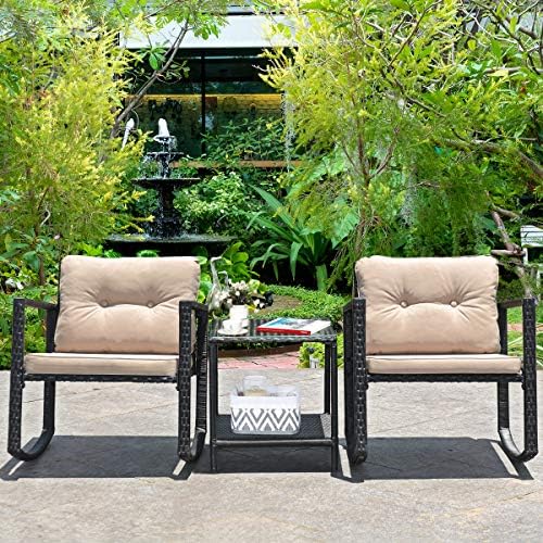 Tangkula 3-Piece Patio Rocking Bistro Set with Soft Cushions, Beige