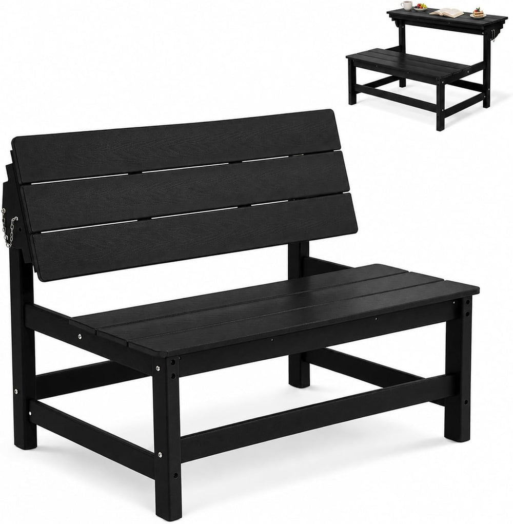 2 in-1 Outdoor Bench, HDPE 2 Person Outside Bench Weatherproof, Black