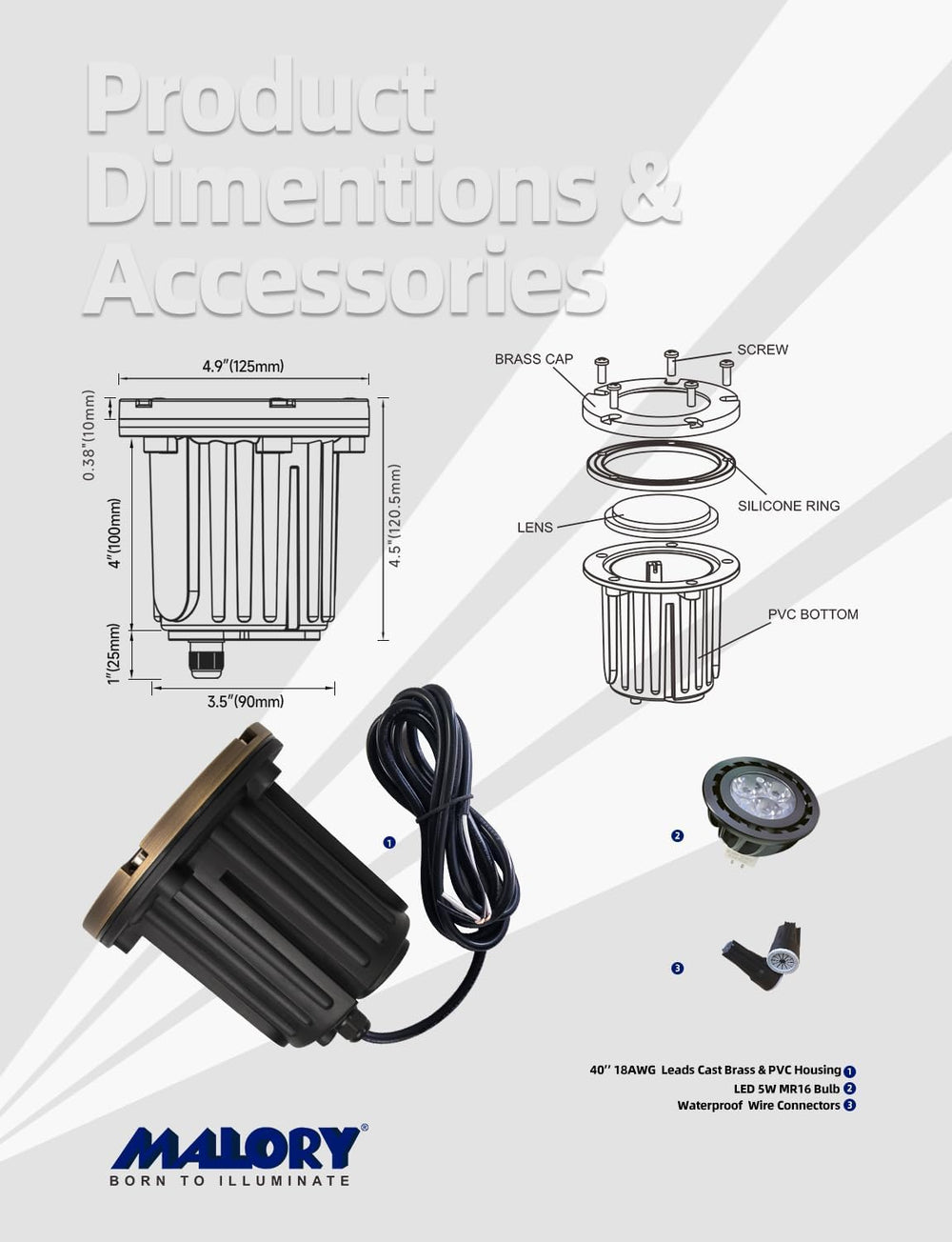 MALORY Low Voltage Landscape Well Lights, (φ126 mm) Brass Top Cover