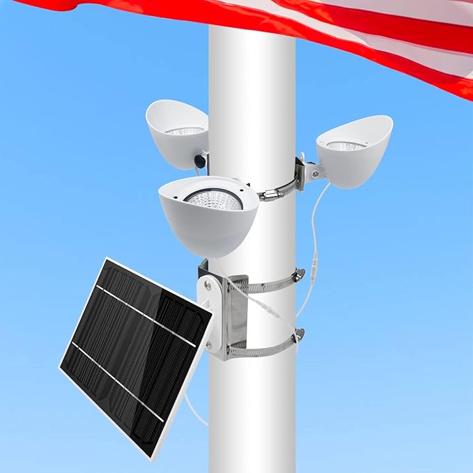 Solar Flag Pole Light, 3 Super-Spotlights LEDs, Adjustable Metal Clamps Fits ...