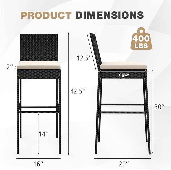 HAPPYGRILL Wicker Patio Barstools Set of 4, Outdoor Rattan Bar Chairs with Fo...