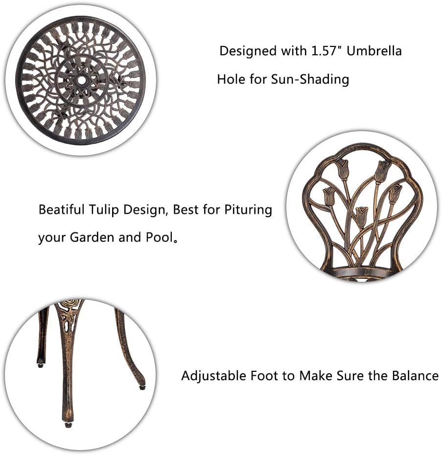 Bonnlo 3-Piece Bistro Set for 2, Cast Aluminum Garden Bistro Set with Umbrell...