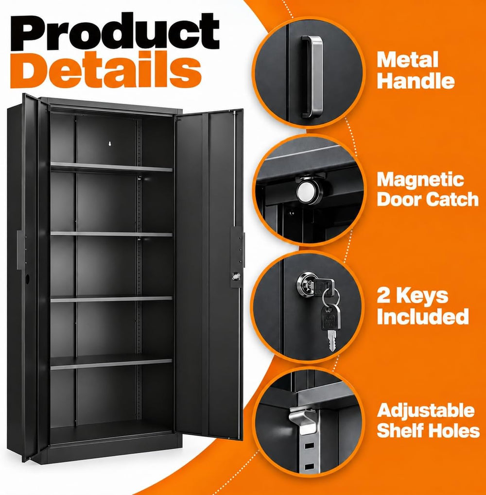 Metal Garage Storage Cabinet with 2 Lockable Doors and 4 Adjustable Shelves, ...