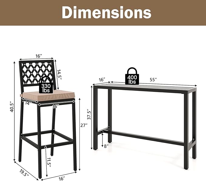 COSTWAY 3 Piece Outdoor Bar Table and Chairs Set, 55" Pub Height Bar Tab...