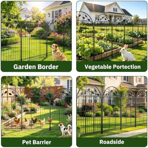 Decorative Garden Fence, 32in H x 12ft L Arched Metal Animal Barrier Fence, R...