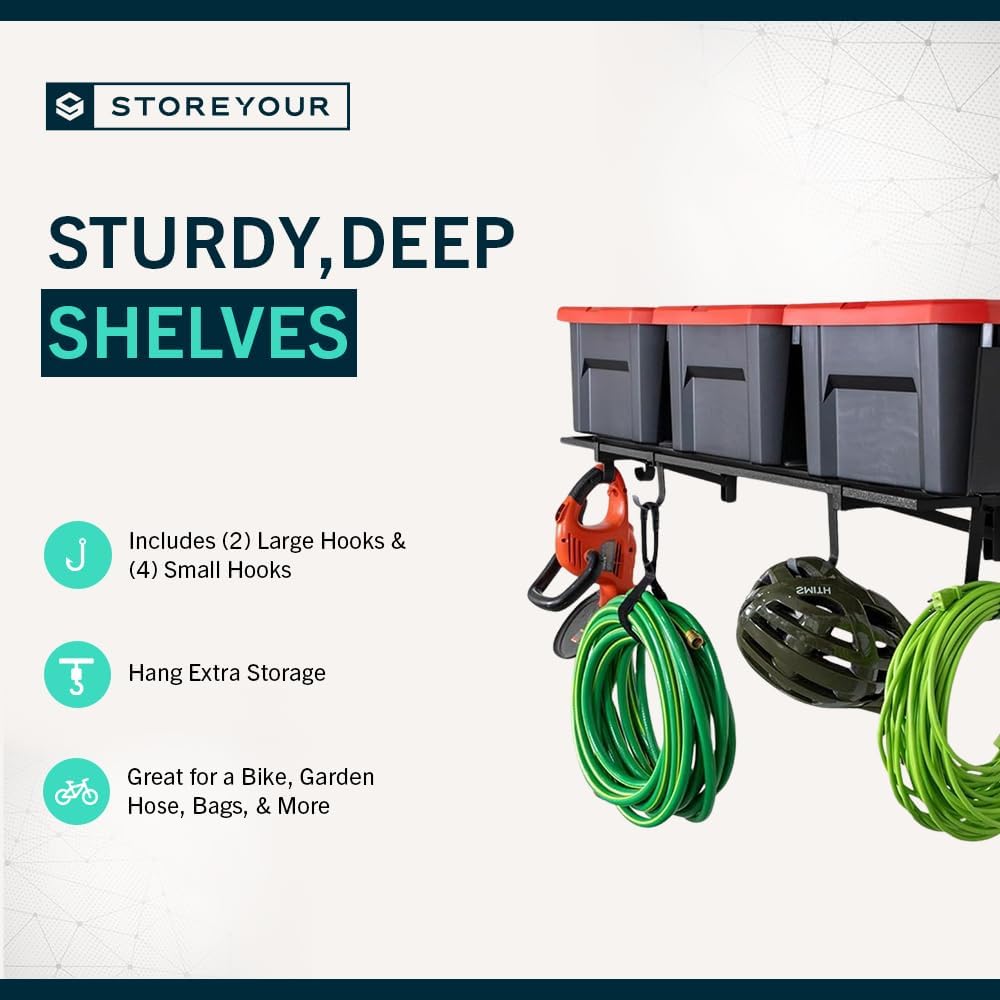 StoreYourBoard Garage Wall Shelf, 1x4 ft, Holds 400 lb, 6 Hooks, 2 Pack