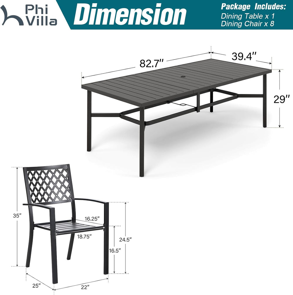 PHI VILLA 9 Pcs Outdoor Dining Set for 8,83" Rectangular Metal Table, Black