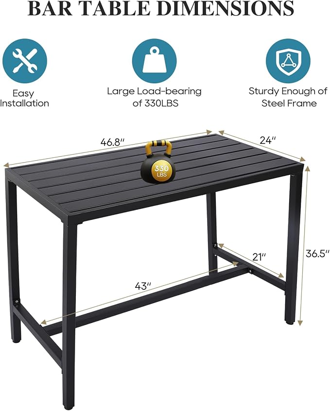 Outdoor Bar Table, Patio Console Pub Height Tables with Powder Coated Steel F...