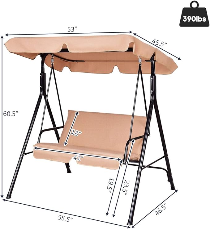 Tangkula 2 Person Porch Swing, Outdoor Swing with Removable Cushions, Solid S...